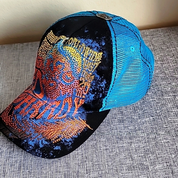 Vintage Y2K Ed Hardy Adjustable Bling Trucker Hat Blue Orange Mesh main image 9